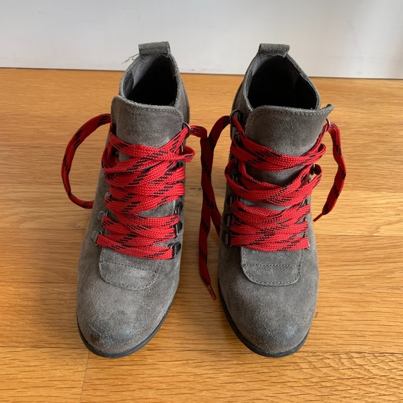 Boutique9 Grey Heeled Booties with Red Laces - Picture 4 of 6